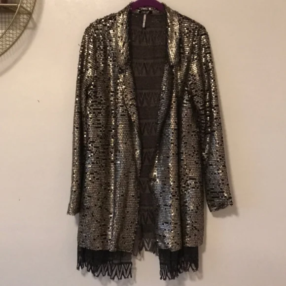 Free People Gold Distressed Metal Sequin Lace Stardust Kimono Jacket XS